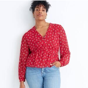 MADEWELL V Neck Peplum Floral Top Red XS